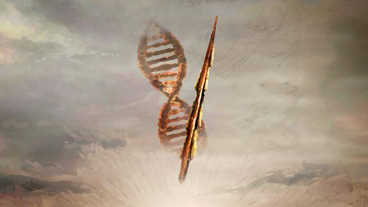 Illustration af flintægspyd og DNA-streng